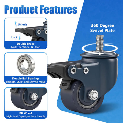 1.6 Inch Blue Polyurethane Caster Wheels, Metric M8-1.25 Threaded Stem (Screw Diameter 8mm, Length:15mm), Heavy Duty Casters Set of 4 with Locking Brakes, 450 lb Capacity for Furniture, Carts