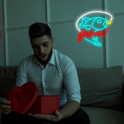 Fishing Neon Sign for Wall Decor Fishing Neon Light for Man Cave Dimmable LED Light Up Sign for Bedroom Living Room Club Party Birthday Gifts Wall Art Size 12.9 * 12.9(WZCP051)