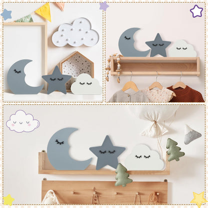 Briwooody 3 Pcs Moon Stars and Cloud Celestial Nursery Decor Bohemian Wood Nursery Shelves Decoration Wooden Nordic Boho Baby Wall Adornment for Bedroom Wedding Baby Shower Boys Girls Kids