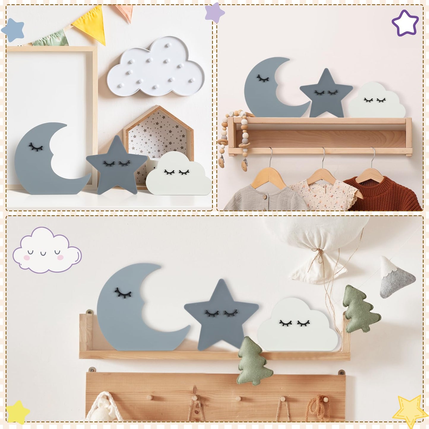 Briwooody 3 Pcs Moon Stars and Cloud Celestial Nursery Decor Bohemian Wood Nursery Shelves Decoration Wooden Nordic Boho Baby Wall Adornment for Bedroom Wedding Baby Shower Boys Girls Kids