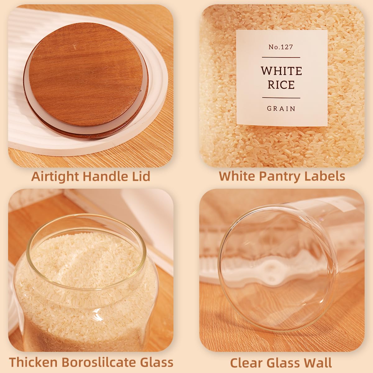CZDYSM 2 Pack Large Glass Flour and Sugar Containers with 132 Pantry Labels - 1 Gallon Glass Canisters with Bamboo Airtight Lids - Farmhouse Glass Cookie Jars for Rice, Pasta, Cereal, Bath Salt