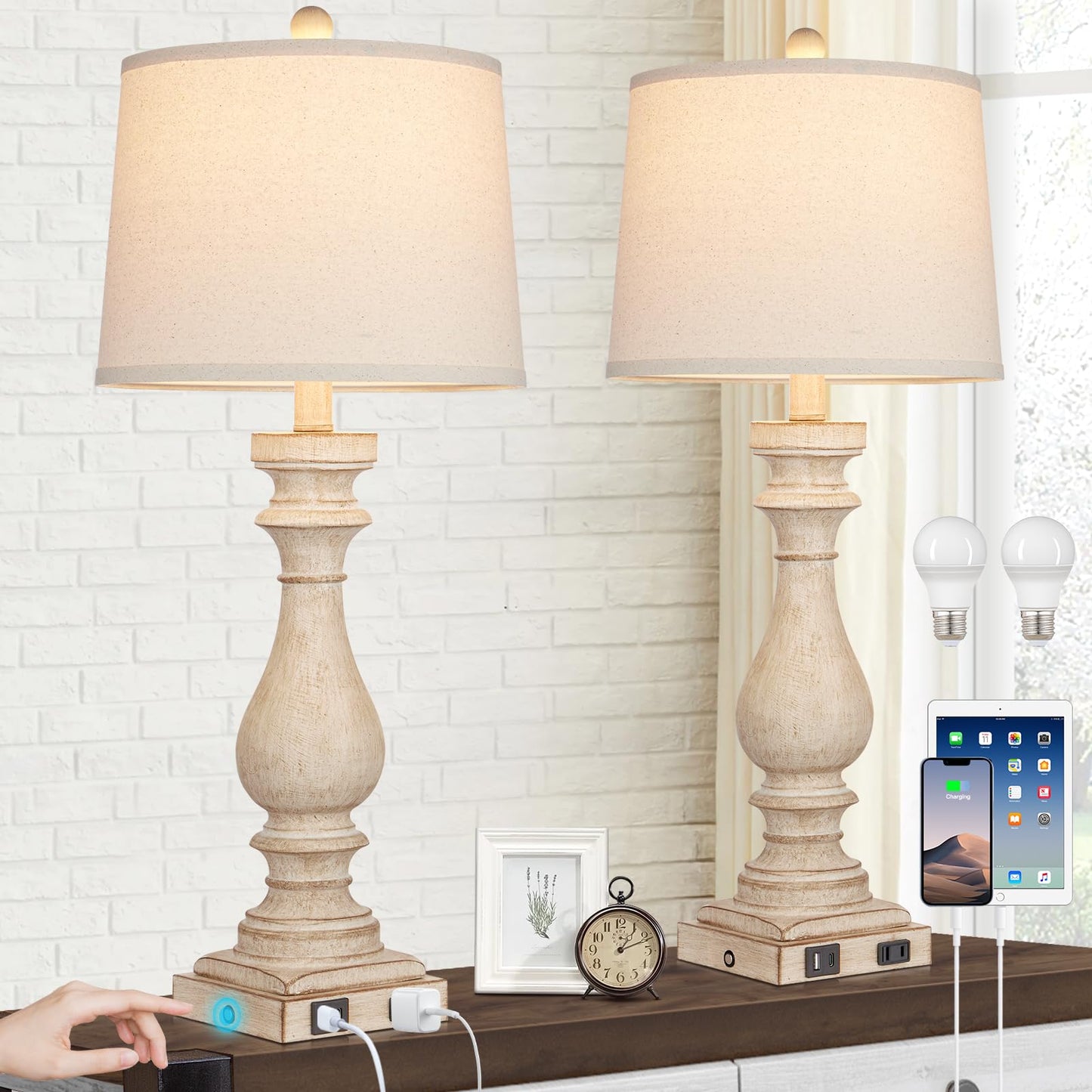 Cinkeda 29" Tall Table Lamp for Living Room Set of 2,Farmhouse Nightstand Bedside Lamps with USB C+A Ports & AC Outlet,3-Way Dimmable Touch Control Desk Lamp for Bedroom,Color 1