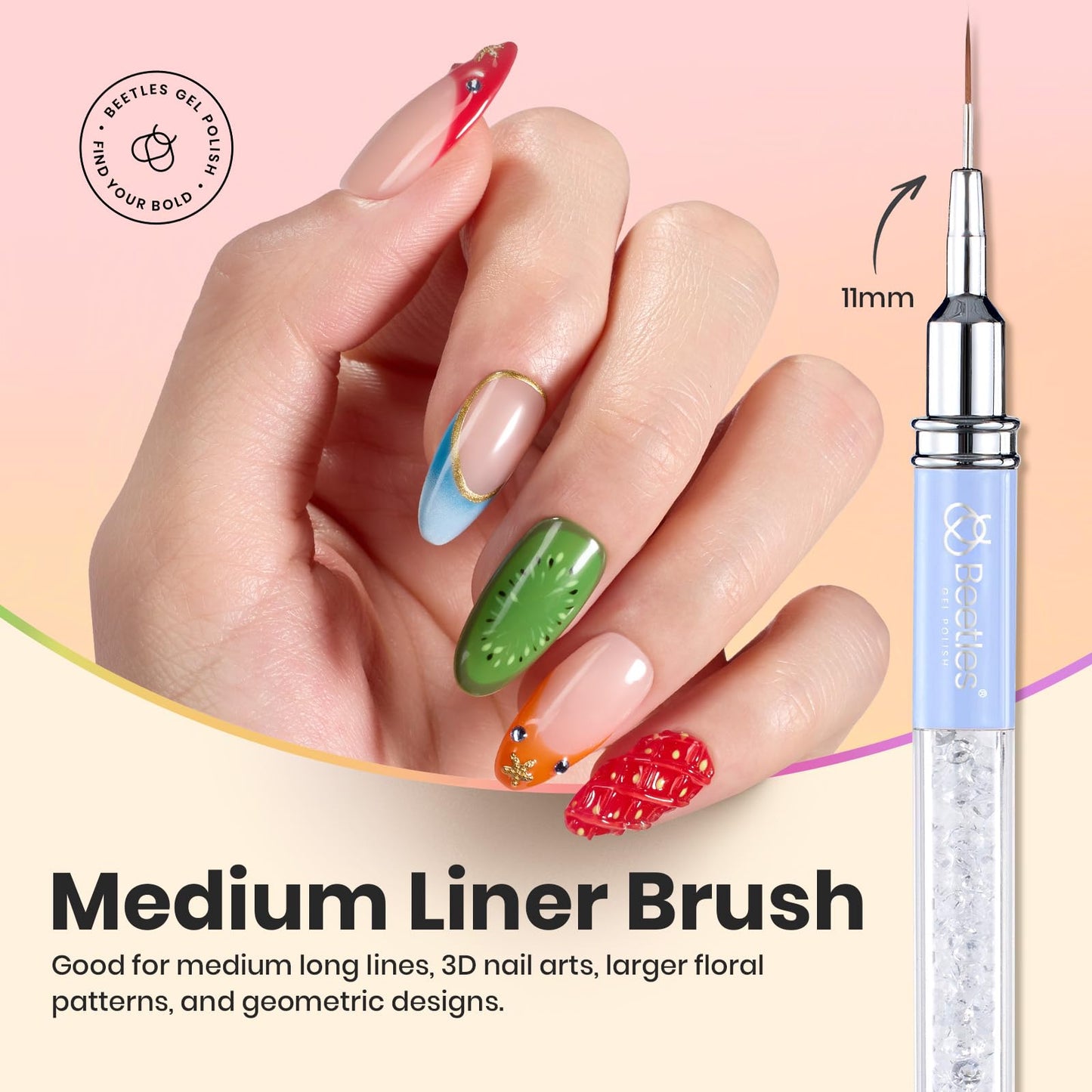 Beetles Nail Art Brushes 8pcs – Crystal Nail Art Tools 5pcs Double-headed Nails Dotting Tool, 3pcs Striping Liner Brushes for Nails with Pearls Bowknot Stickers, DIY Home Salon Manicure Design Tools