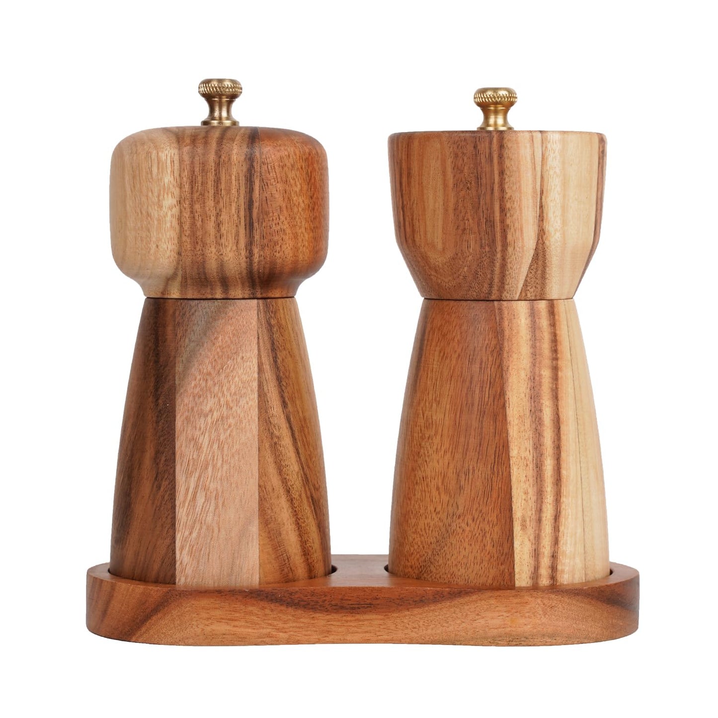 DeroTeno Salt and Pepper Grinder Set with Tray, Adjustable Ceramic Grinder Salt Mill, Stainless Steel Grinder Pepper Mill, Acacia Wood, 5 inch /14cm Height, Bottom Dia 2.36inch/6cm (Tray is Included)