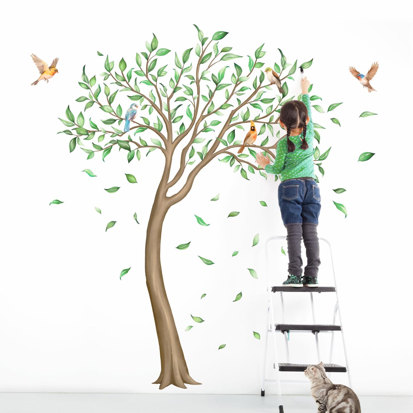 Large Green Tree Wall Decals, Falling Leaves Birds Wall Stickers Vinyl Peel and Stick Wall Decal Self Adhesive Wall Art Sticker for Aisle Bedroom Office Sofa Backdrop Wall Home Decor (W56.7 * H65.4in)