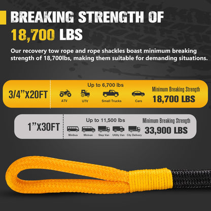 BUNKER INDUST Off-Road Traction Boards (Black) + 3/4in×20ft Kinetic Recovery Rope with 2 Soft Shackles Kit