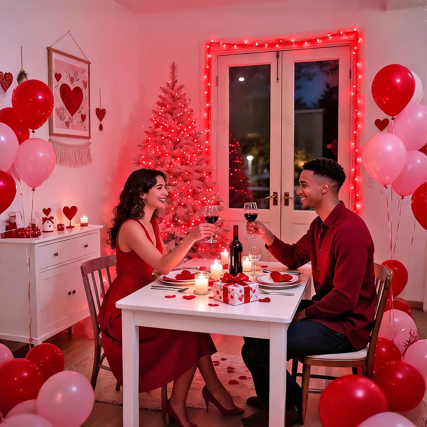 JMEXSUSS 2 Pack 100 LED Red Christmas Lights for Valentines, Each 33 FT Christmas Lights Battery Operated, Red Battery Light Indoor Outdoor Waterproof for Tree House Valentines Porch Yard Decor