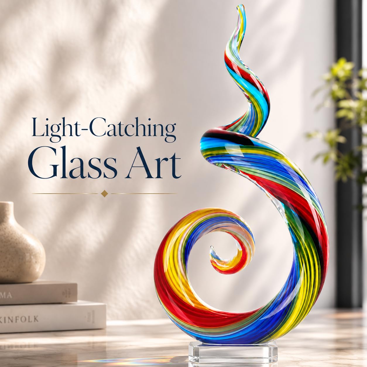 XMGZQ 13.7" Colour Hand-Blown Art Glass Sculpture,Abstract Rainbow Swirl Style Sea Glass Statue and Figurine,Coastal Ocean Nautical Home Decor,Shelf,TV Stand,Tabletop Centerpieces,Wonderful Gift