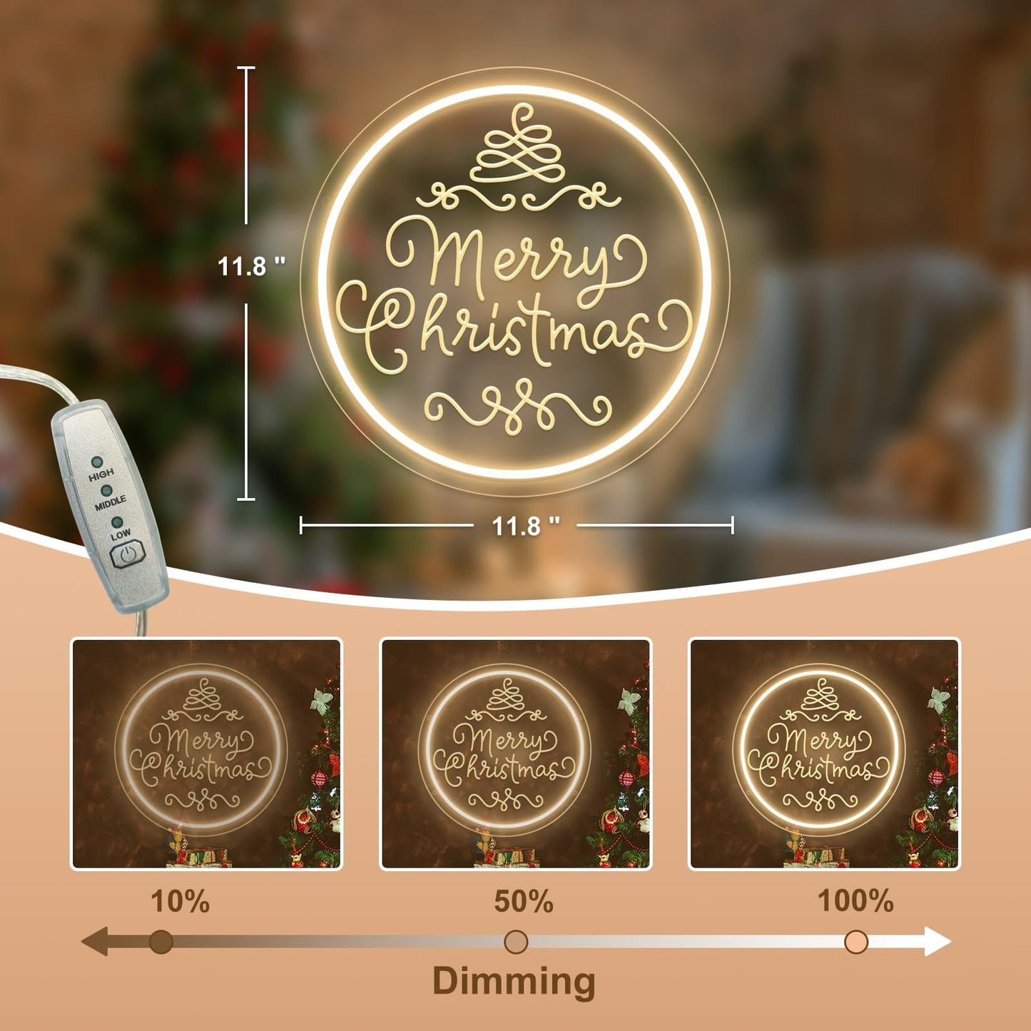 Merry Christmas Neon Sign Dimmable Merry Christmas LED Light Sign for Holiday Party Home Bar Decoration, USB Powerd Neon Light for Wall Decor Festival Celebration -30 * 30