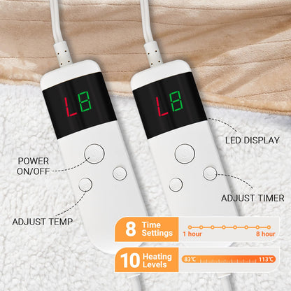 Electric Heated Blanket Queen Size 84''x90'' Soft Flannel & Sherpa Electric Blanket with 10 Heating Levels, Automatically Shut Down After 8h with Overheat Protection Machine Washable