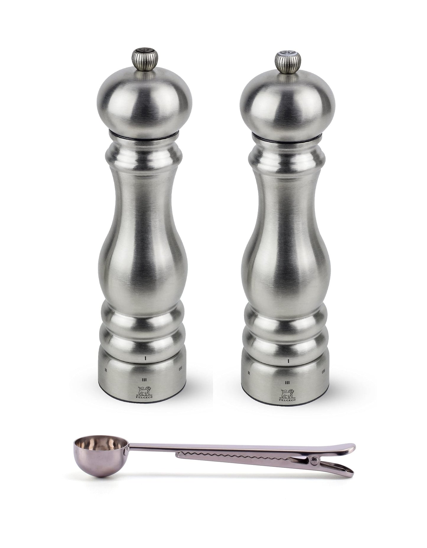 Peugeot Paris u'Select 6 Setting Manual Stainless Steel Salt & Pepper Mill Set With Stainless Steel Spice Scoop Made In France (9- Inch)