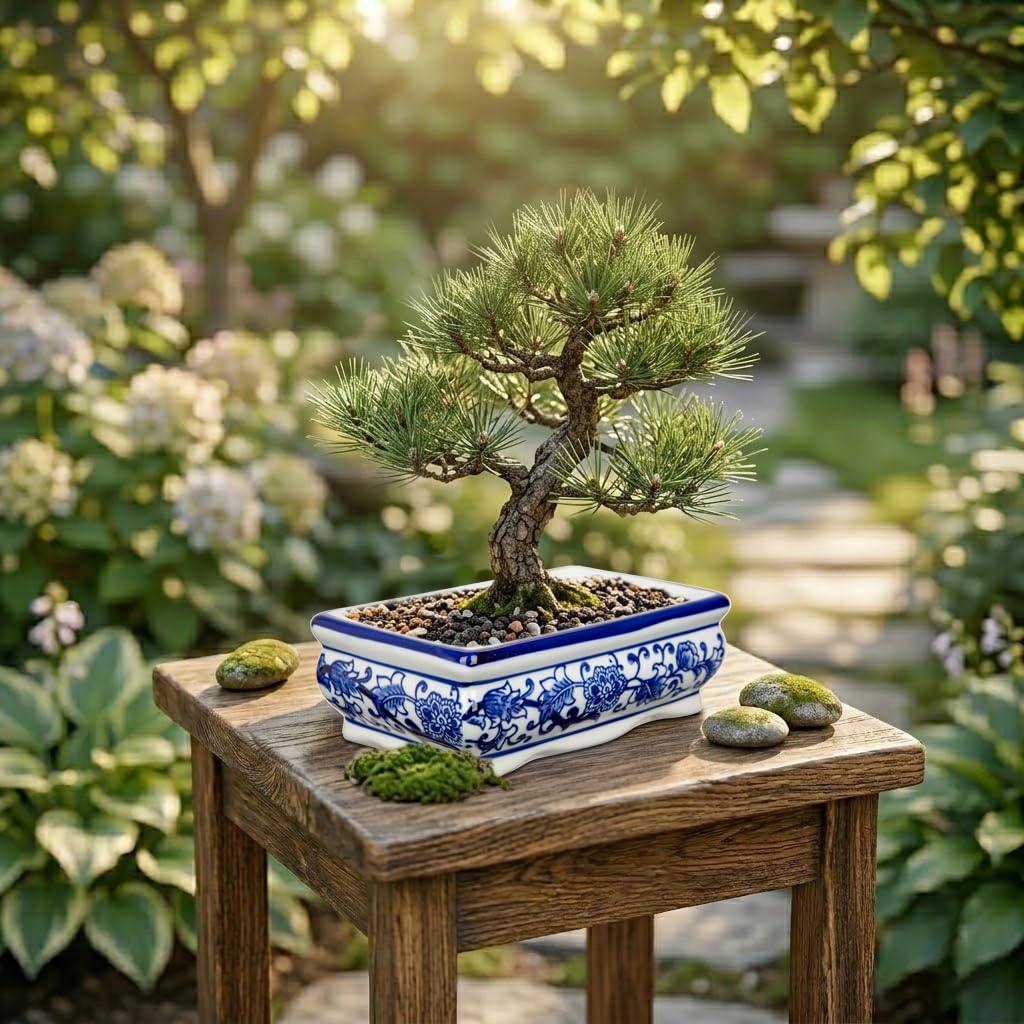Set of 2 Blue & White Ceramic Bonsai Pots, 7.4" & 4.9" Rectangular Bonsai Planters Pots with Drainage for Outdoor Decor, Small Shallow Bonzie Tree Pot for Succulents, Cacti, Orchids, Herbs Plant Pot
