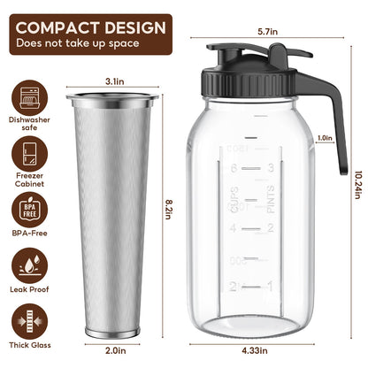 2 Pack 64 oz(2 Quart / 1.9 Liter) Cold Brew Coffee Maker Jar - Glass Cold Brew Maker with Handle, Stainless Steel Filter&Leak-Proof Lid, Heavy Duty Cold Brew Pitcher for Iced Coffee, Sun Tea, and Milk