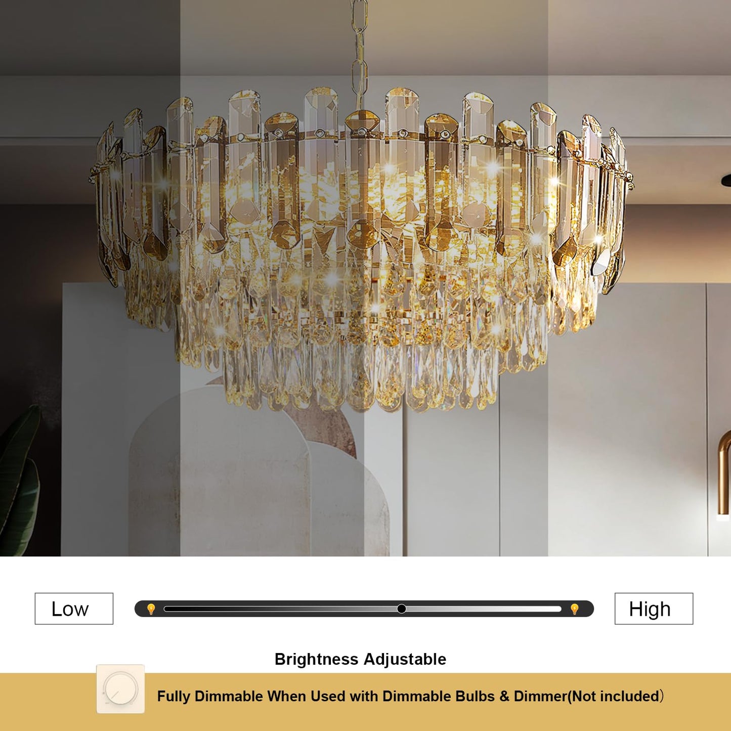 Vodcrindax Gold Crystal Chandelier 24" 12-Light 4-Tier K9 Crystal Round Adjustable Pendant Light Modern Crystal Chandeliers for Dining Room Living Room Kitchen Island Bedroom Foyer Entryway