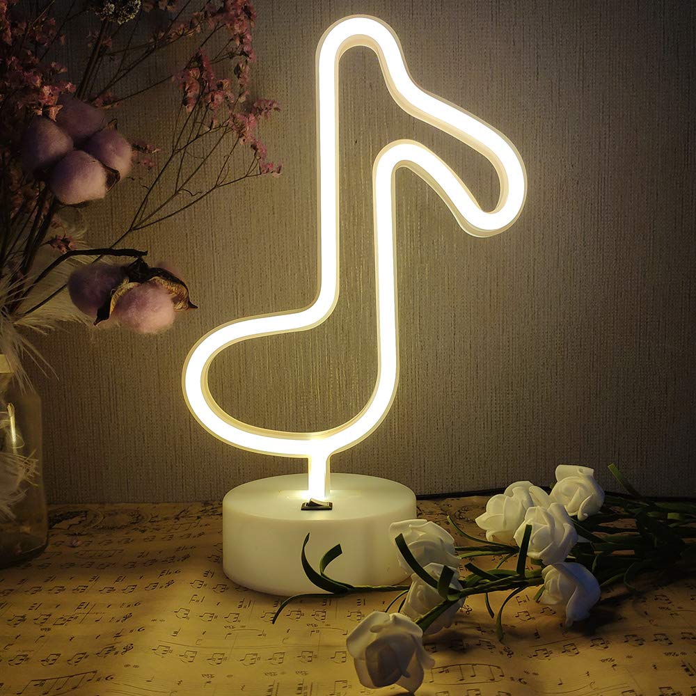 ENUOLI Music Notes Neon Lights with Base Warm White Decor Neon Sign Led Music Notes Night Light Wall Table Decor Battery Operated Creative Lighting Lamp Home Decoration Party Best Gift for Kids