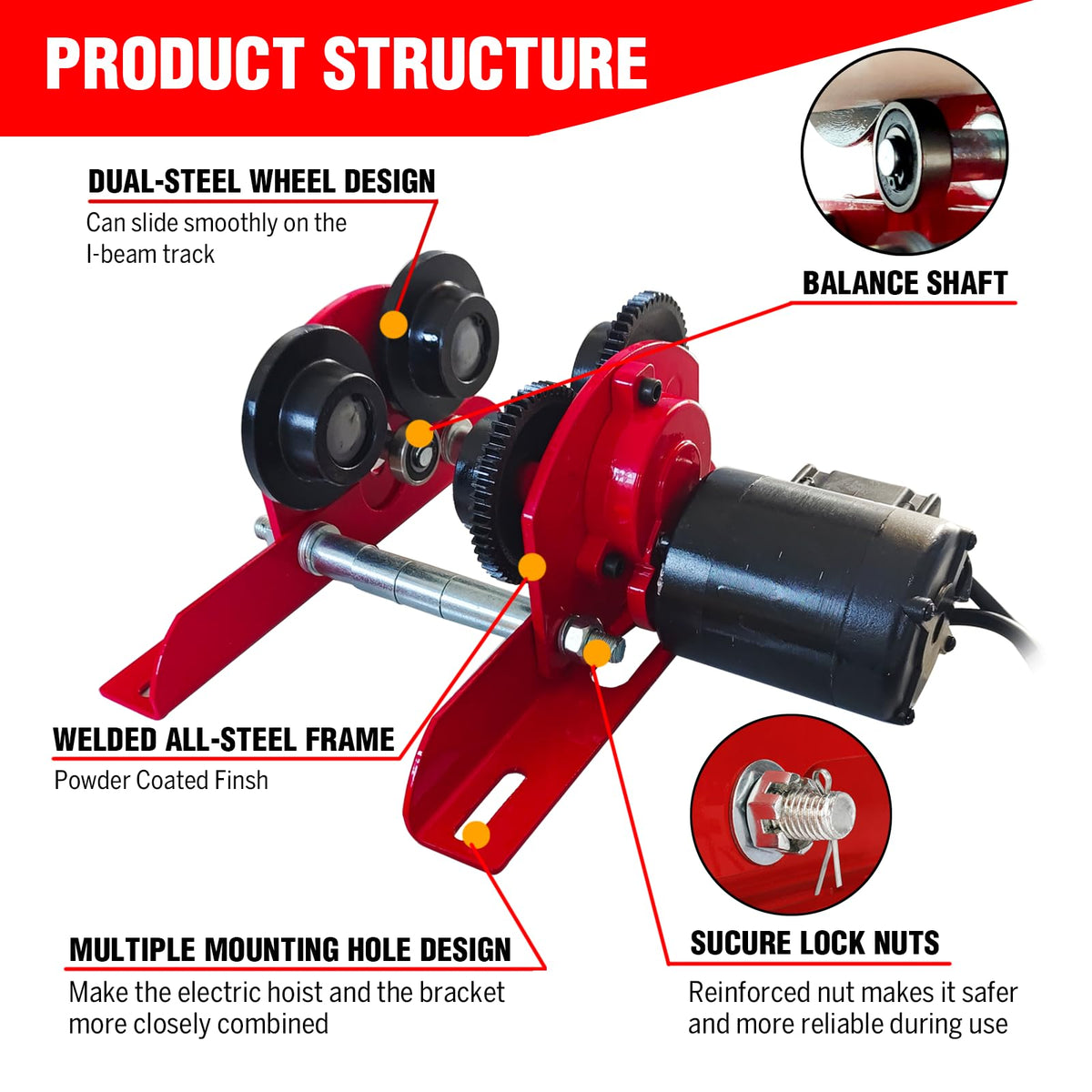 Electric Trolley for Power Hoist 1100LBS Capacity,Fit 2.68-4.33 in I-Beam,Push Geared Overhead Crane Heavy Duty Wheels System for PA200 to PA500 Hoists,Perfect for Gantry Cranes,Warehouses