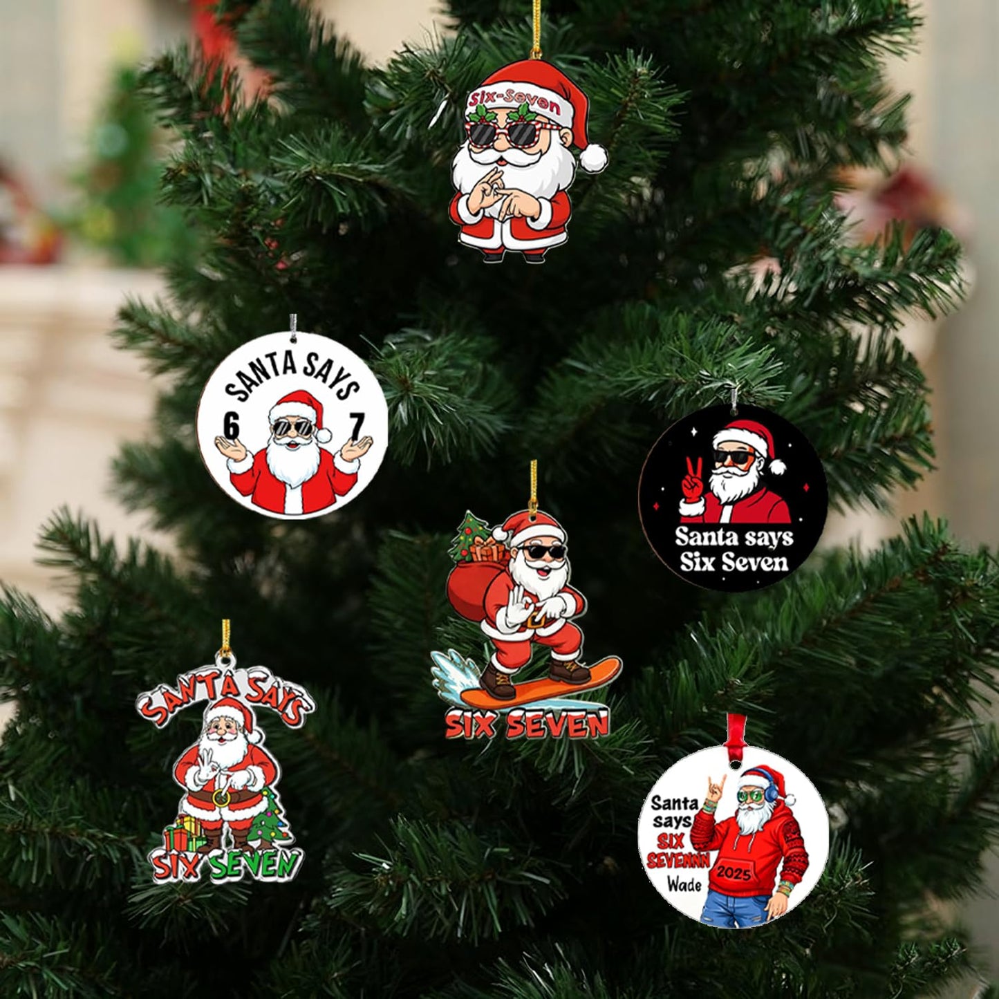 6 Pcs Christmas Tree Decorations Sixseven Santa Hanging Pendants Designs 2D Acrylic Funny 6 7 Santa Ornament DIY Xmas Santa Claus Hanging Ornaments for Kids Teens Boys Girls Christmas