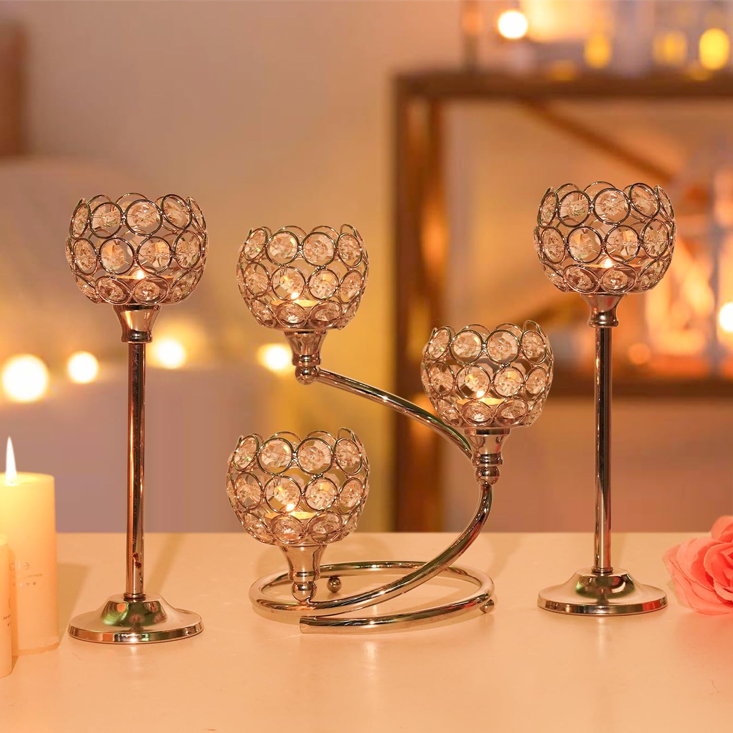 KEHAIL Silver Metal Crystal Candle Holder Set of 3 - Elegant 5-Arm Metal Tea Light Centerpiece with Shining Crystal Bowl, Wedding Anniversary Table Decor for Dining, Party