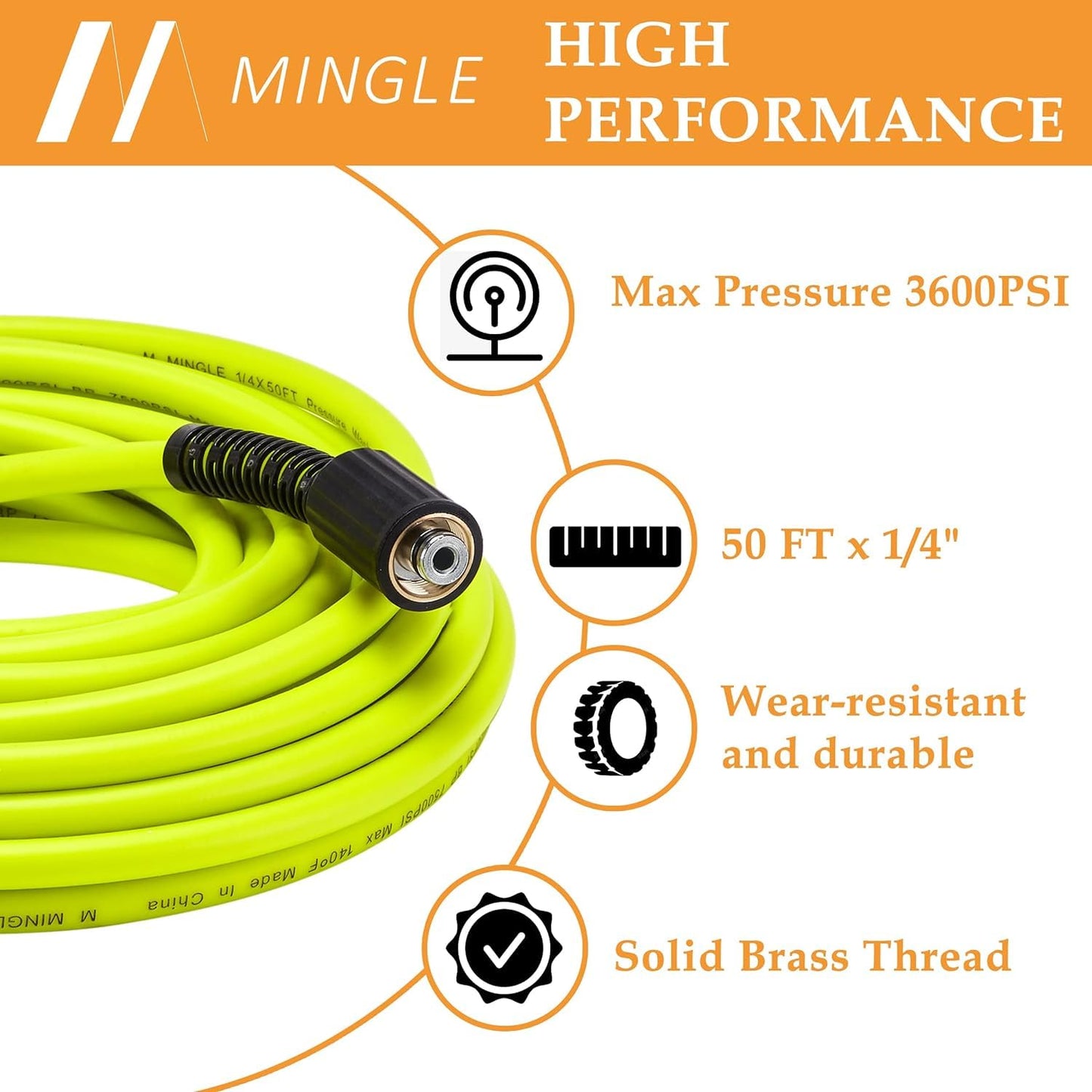 M MINGLE Pressure Washer Hose 50 FT x 1/4" - Replacement Power Wash Hose with Quick Connect Kits - High Pressure Hose with M22 14mm Fittings - 3600PSI