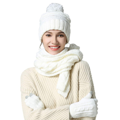 Winter Hat Gloves Scarf Set for Women, Cable Knit Beanie Pom Cap Touch Screen Glove Long Scarf 3PCS Winter Gift for Women Men