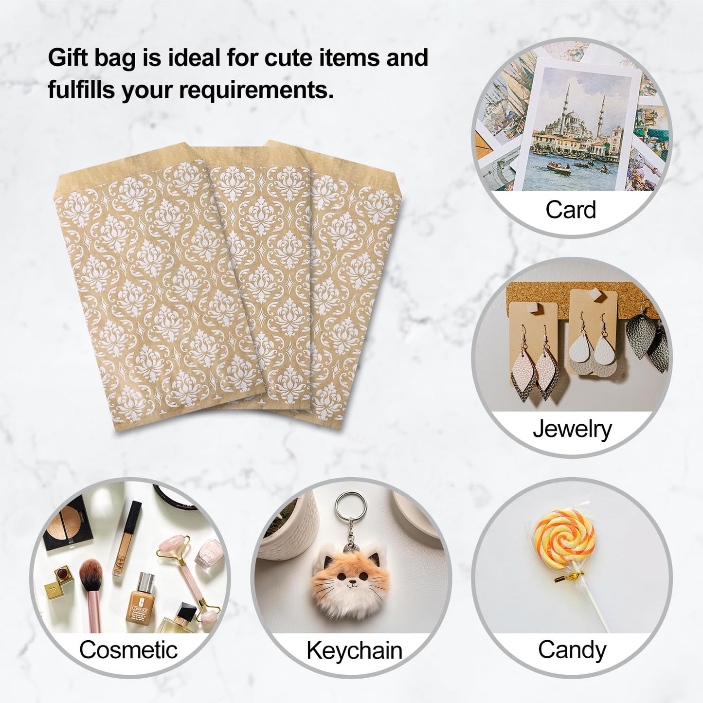 MOOCA 200 Pcs Damask Kraft Paper Gift Bags - Bulk, Small Business, Jewelry, Candy, Popcorn, Cookie & Treat Bags - 4 W x 6 H in - Kraft with White Damask