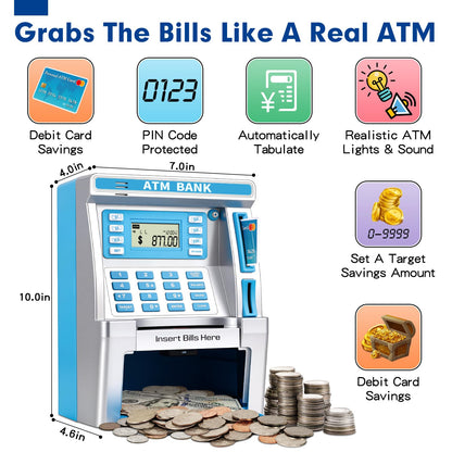BAODLON Blue Piggy Bank for Kids, ATM Machine Bank for Real Money with Debit Card, Bill Feeder, Coin Recognition, Balance Calculator, Electronic Savings Safe Box, Cool Stuff Toys Gifts for Teen Girl