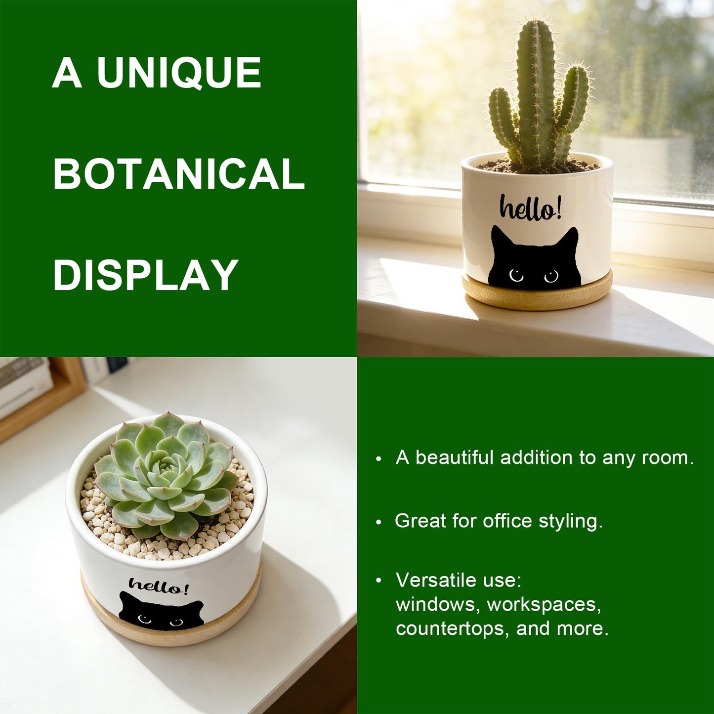 Funny Hello Black Cats Ceramic Plant Pot for Succulent, Cute Cat Cactus Flower Planter for Windowsill Indoor Decor, Home Office Decoration for Plant Lovers Friends Cat Owner Lover (No Plants) (Hello)