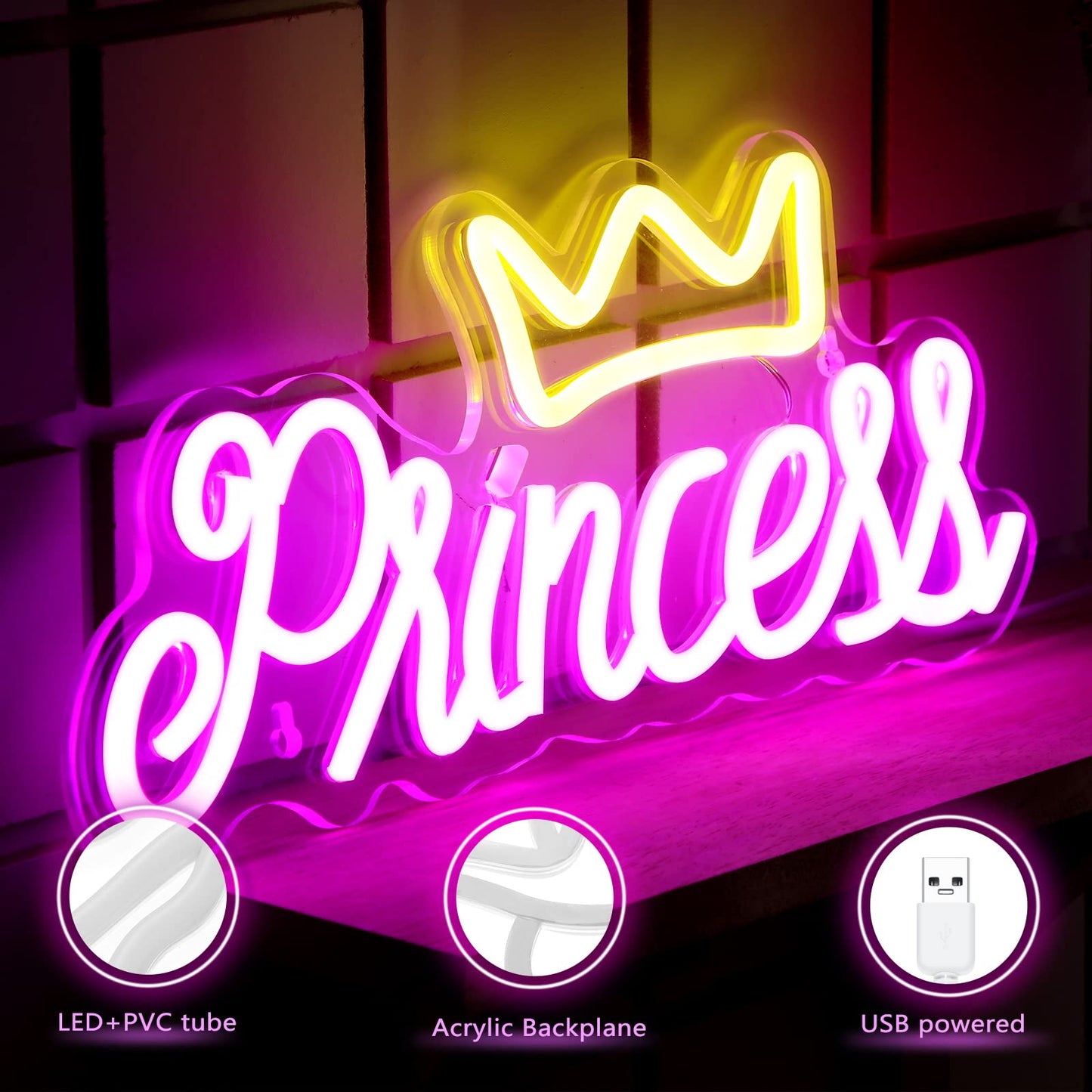 Ganeen Crown Neon Sign for Wall Decor Princess LED Neon Light Hanging Sign for Bedroom Decorative LED Wall Decor with USB Power for Room Wedding Party Bar Christmas Gift