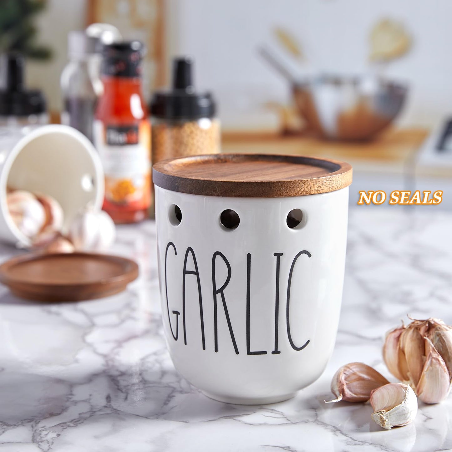 DAYYET Garlic Keeper for Counter, Ceramic Garlic Keeper with Non-Sealed Acacia Wood Lid, Garlic Holder Storage Container to Keep Your Garlic Cloves Fresh Longer, Garlic Saver for Kitchen, White