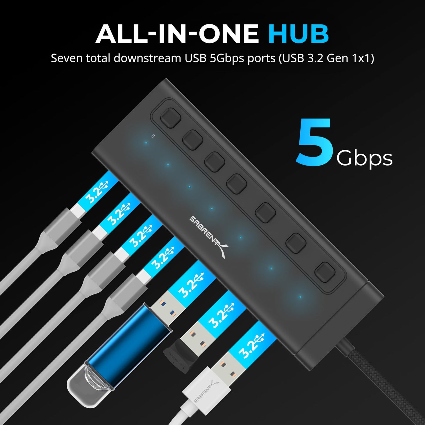 SABRENT 10-Port USB 3.0 Hub, Individual Power Switches and LEDs, 3 Smart Charging Ports, 60W Power Adapter, for PC, Mac, Xbox, PS5, Laptop, Desktop, USB Devices (HB-B7C3)