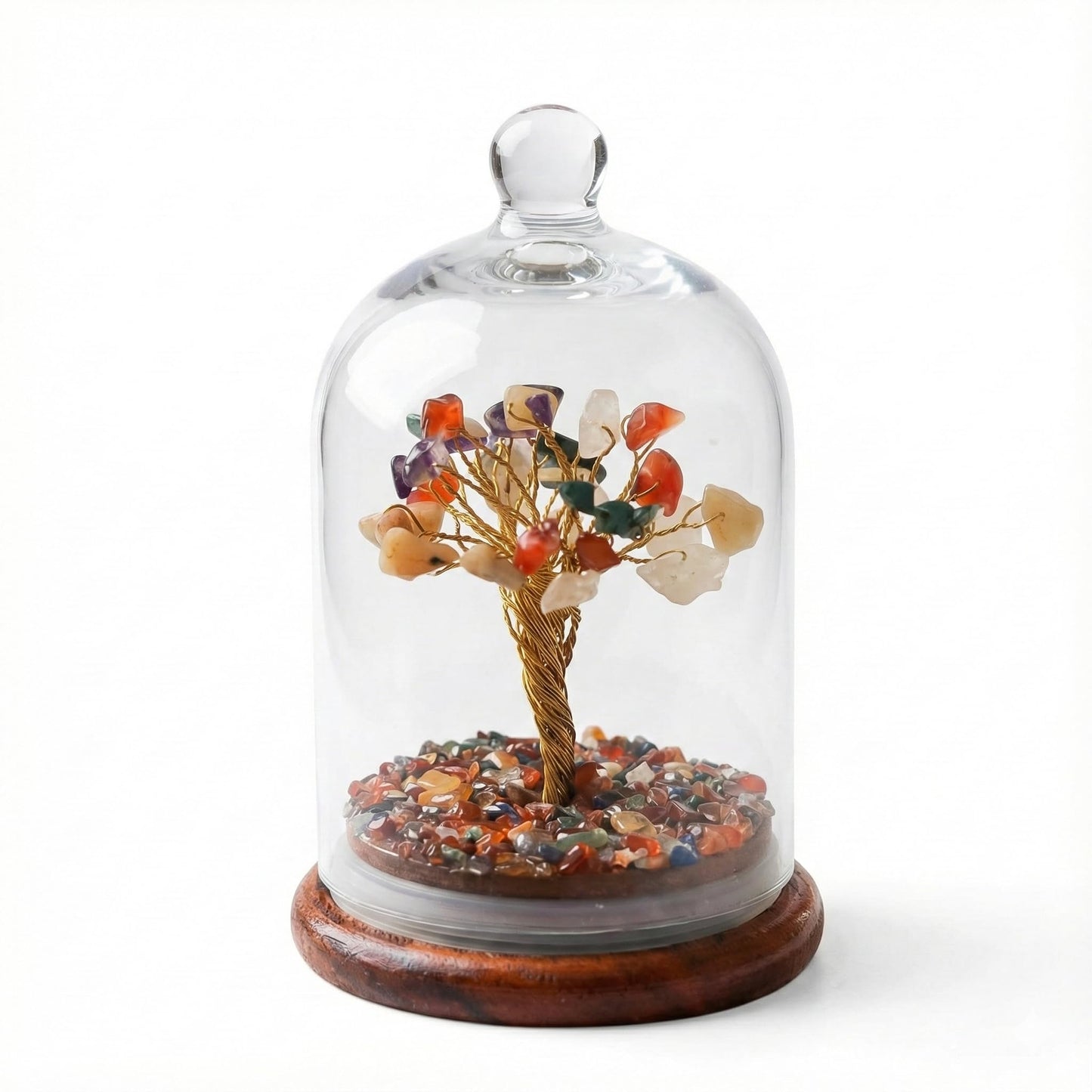 KAII Handcrafted 7 Crystal Tree of Life - Natural Gemstone Chips Under Glass Dome on Wooden Base - Elegant Chakra Decor for Home, Office, Meditation - Unique Gifts for Women, Housewarming, Desk