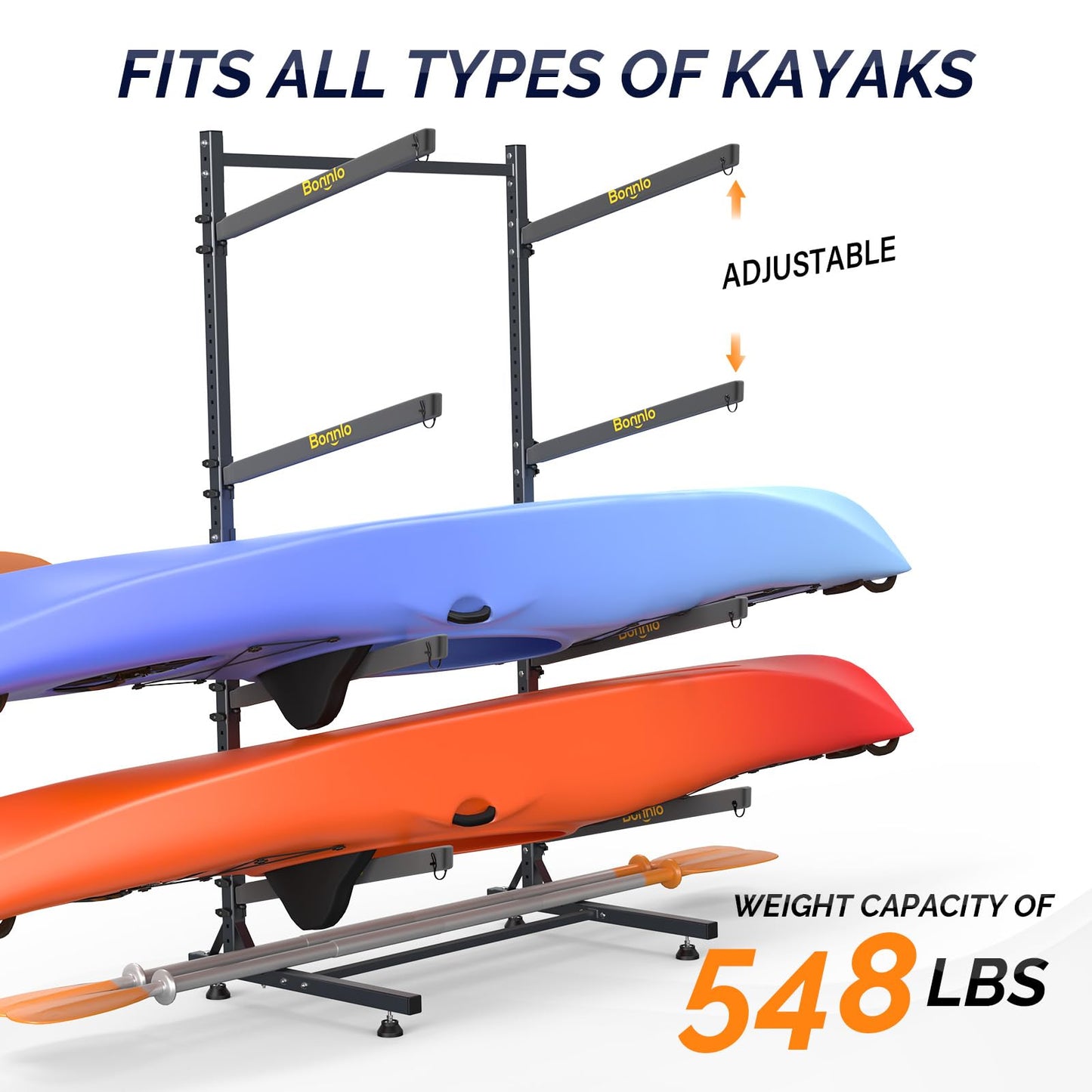Bonnlo Kayak Storage Rack - Adjustable Heavy Duty Rack for 4 Kayaks or Paddle Boards, Paddle Holder for Garage, Holds up to 548 lbs, Spacesaver, Gentle on Padding, Boat Organizer