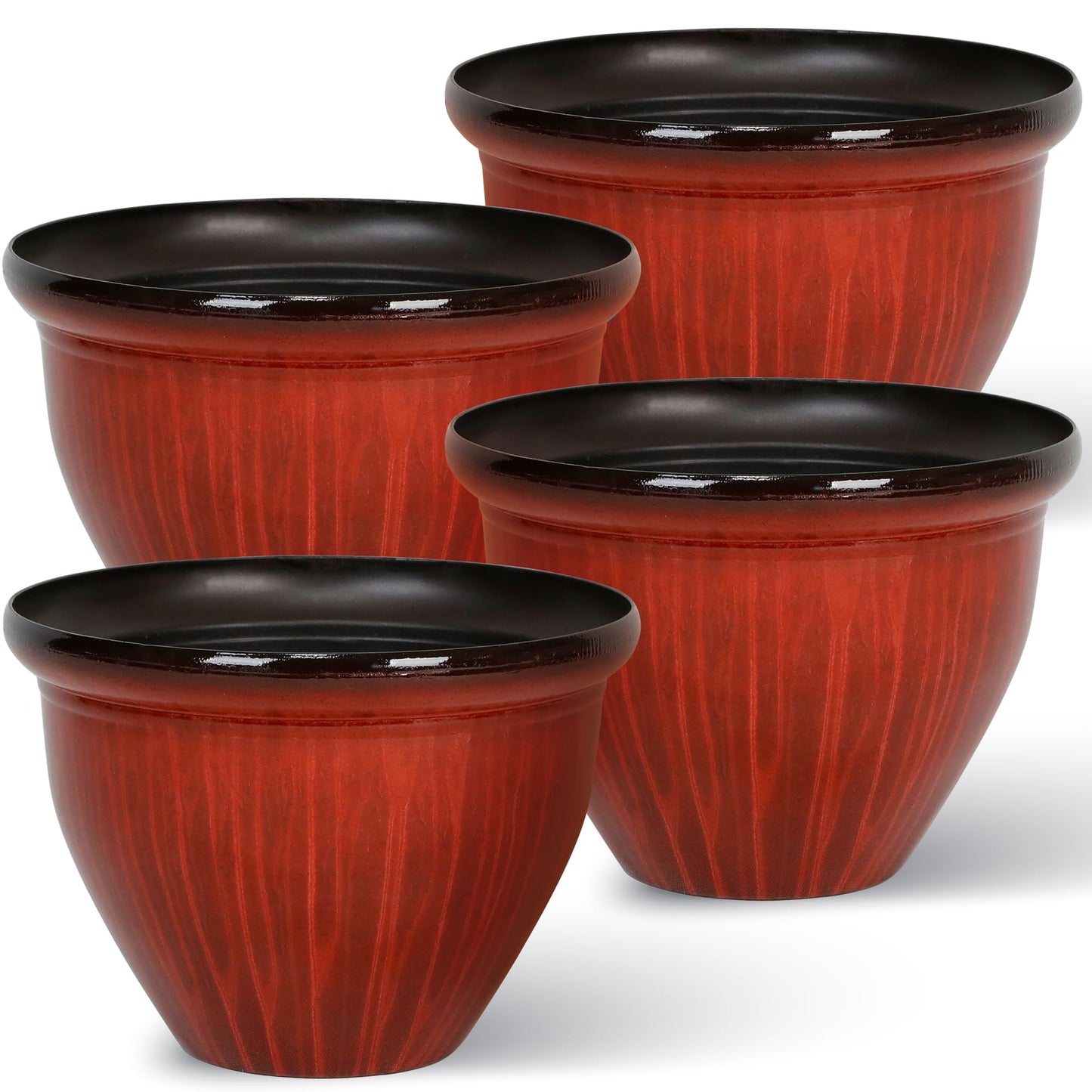 Worth Garden 12-Inch Dia. Round Red Plastic Planters with Drain Holes, 9.5-Inch Height - 4-Pack Glossy Finish Bell-Shaped Plant Pot – Lightweight Indoor/Outdoor Flower Pots