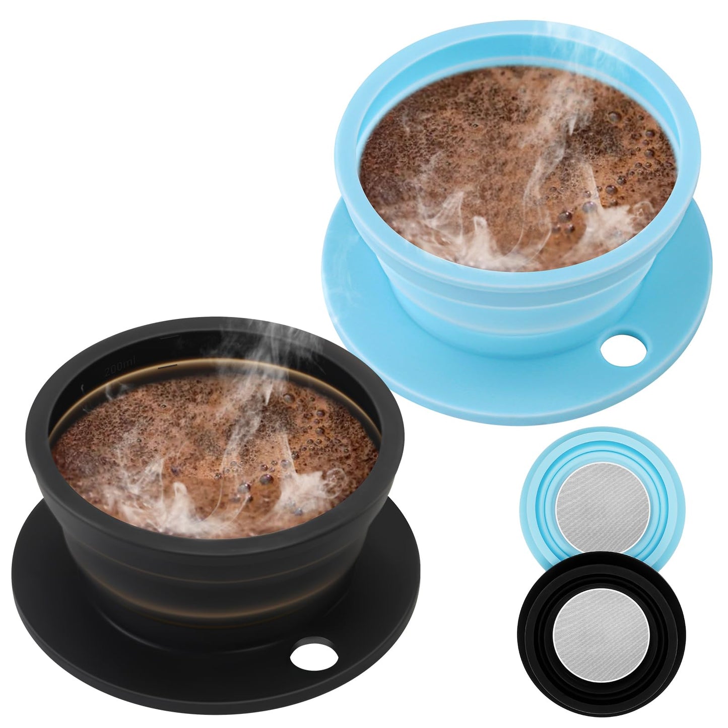 2-Packs Travel Collapsible Paperless Pour Over Coffee Dripper Kit with Stainless Steel Filter, Travel Pour Over Coffee Maker Camping, Silicone Coffee Strainer Pour Over Single Cup (Brown+Black)