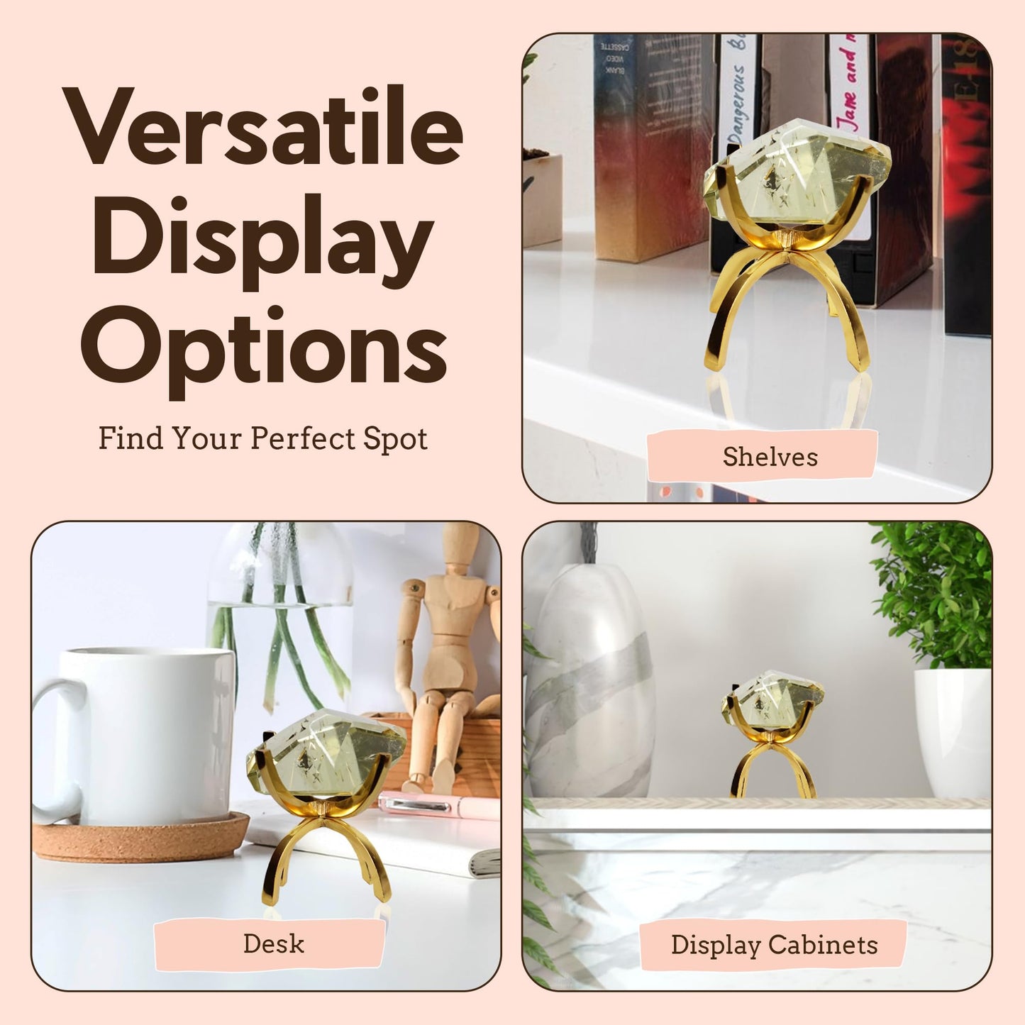 My Shelfie - Modern Brass-Coated Claw Rock Display Stand, Crystal Holder with Invertible Design, Crystal Display Holds Crystals From 2-3 Inches, Handmade Aluminum Rock Stands for Display, Large