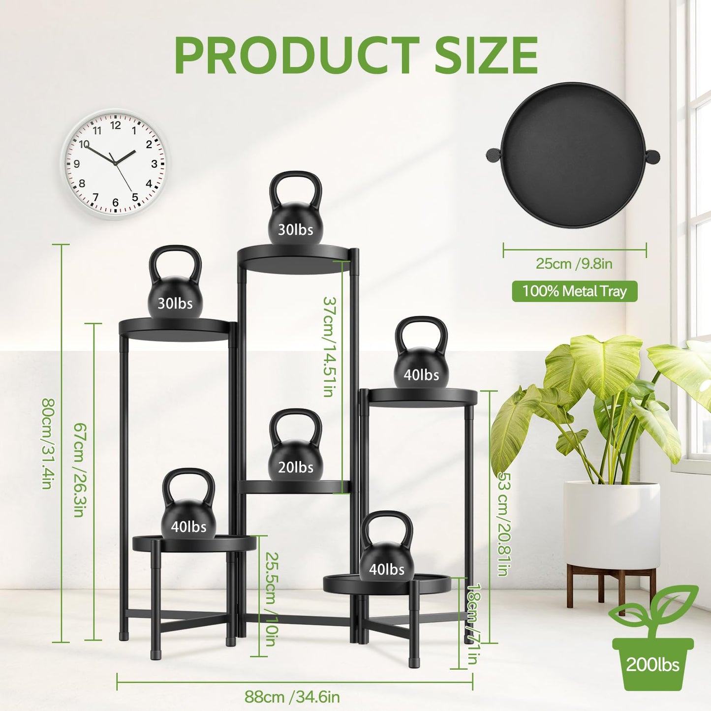 iDavosic.ly 6 Tier Large Plant Stand Indoor with 10 Inch Wide Tray, Tiered Corner Metal Outdoor Flower Display Holder Shelf, Folding Tall Rack for Patio Porch Living Room, Modern Black