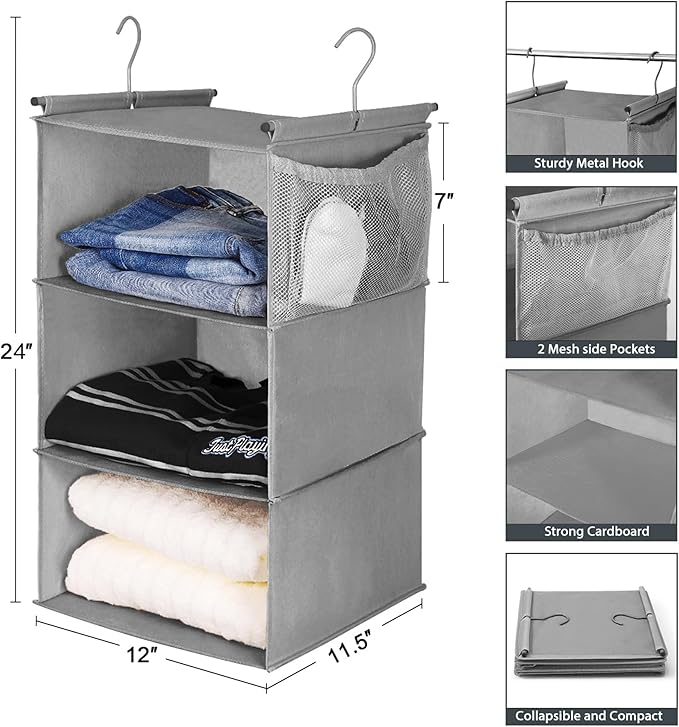MAX Houser 3 Tier Shelf Hanging Closet Organizer, Closet Hanging Shelf