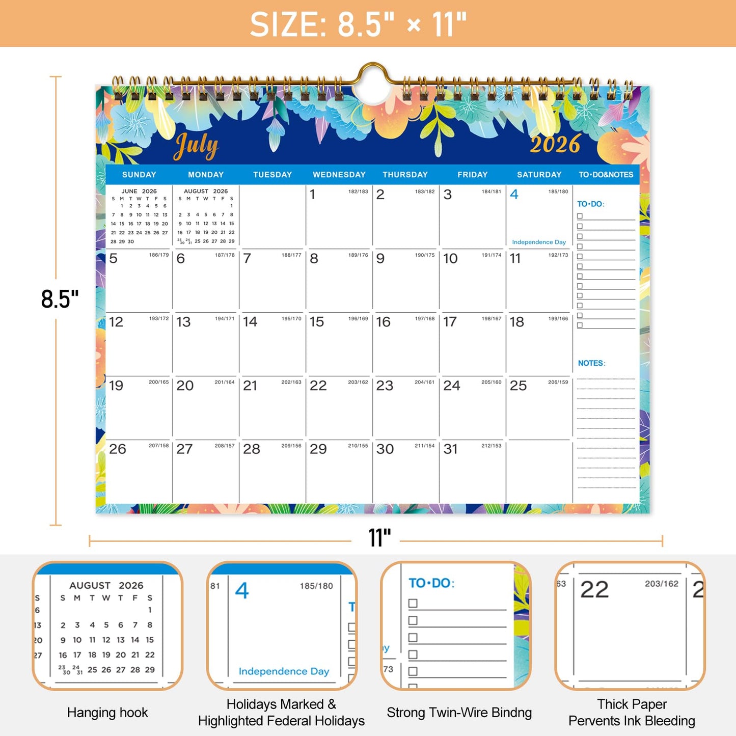 Lbylyhxc 2026 Calendar - Includes January 2026 to June 2027-18 Monthly Wall Calendar 2026, 11 x 8.5 Inches.Thick Paper with Julian Dates and Block for New Year and Christmas Presents (wall calendar 2026-2027 flower)