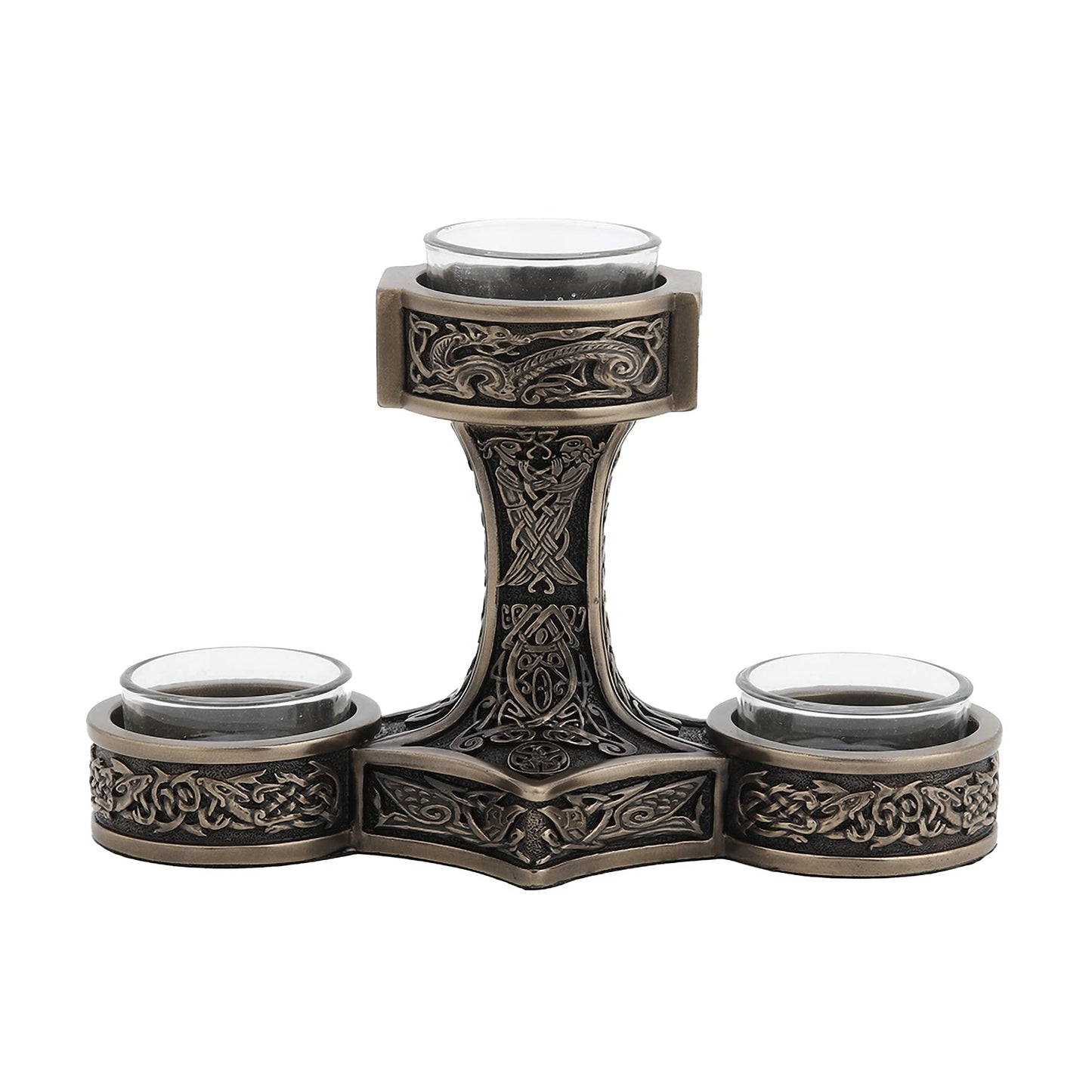 Veronese Design 4 7/8 Inch Tall Mjolnir Hammer of Thor Triple Head Tealight Candle Holder Viking Nordic Decor Cold Cast Bronzed Resin Sculpture