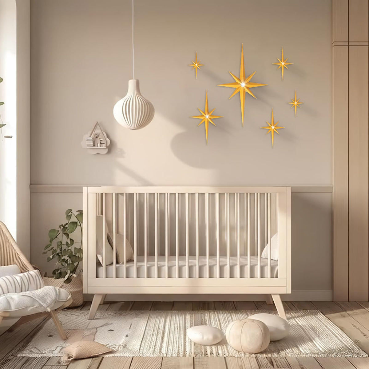 BreezeHug 6 Pcs Mid Century Modern Home Decor Star Art Wall Sculpture with Rhinestone Retro 3D Plastic Star Art Wall Sculpture Bling Diamonds Decor for Home Office Bedroom Entryway(Gold)