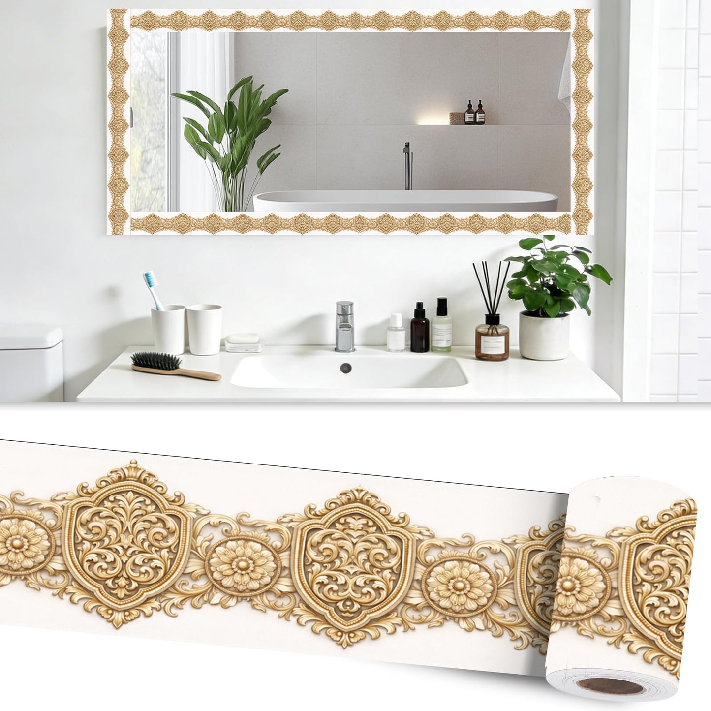 Nuxovilar Wallpaper Border Peel and Stick 3.94x16.4Ft PVC Removable Self-Adhesive Bathroom Kitchen Living Room (Gold Ornate Floral Relief Pattern)