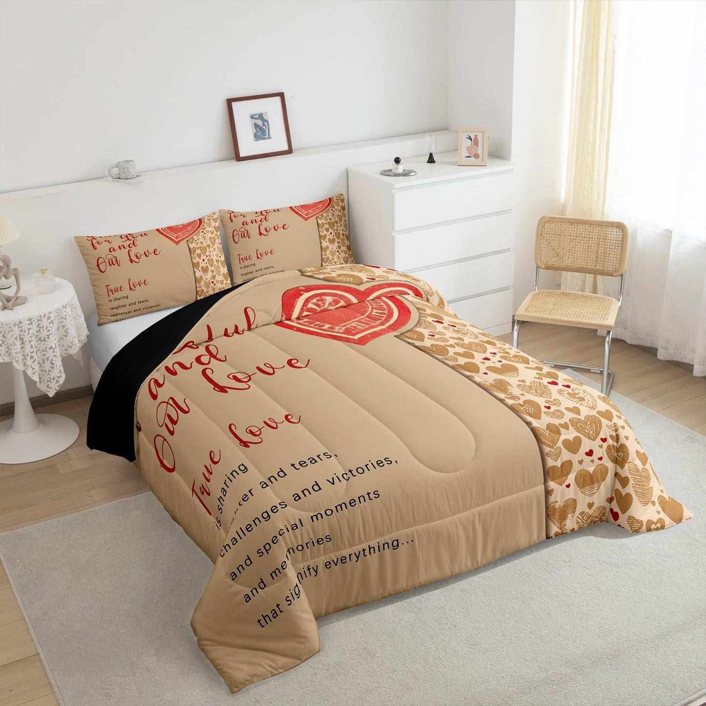 Erosebridal Valentine Gifts Comforter Set Queen for Couple,Romantic Motto Bedding for Women Men Adults,Cartoon Love Hearts Down Comforter,True Love Bedding Comforter Sets