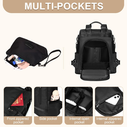 Eshow Backpack Womens Anti Theft with Purse, Ladies Rucksack Fashion, Shoulder Bag Nylon Casual, Small Daypack Handbag for Girls Daily Travel School Work Black