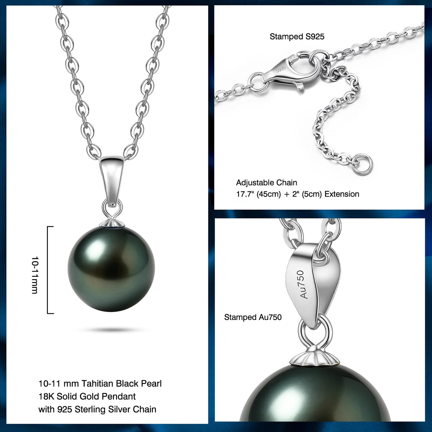 18K Solid White Gold Tahitian Black Pearl Necklace Pendant with Sterling Silver Chain, AAAAA 10-11mm Ocean-Grown Pearls - Christmas Gift for Wife Mom, Women Jewelry for Wedding Anniversary Birthday