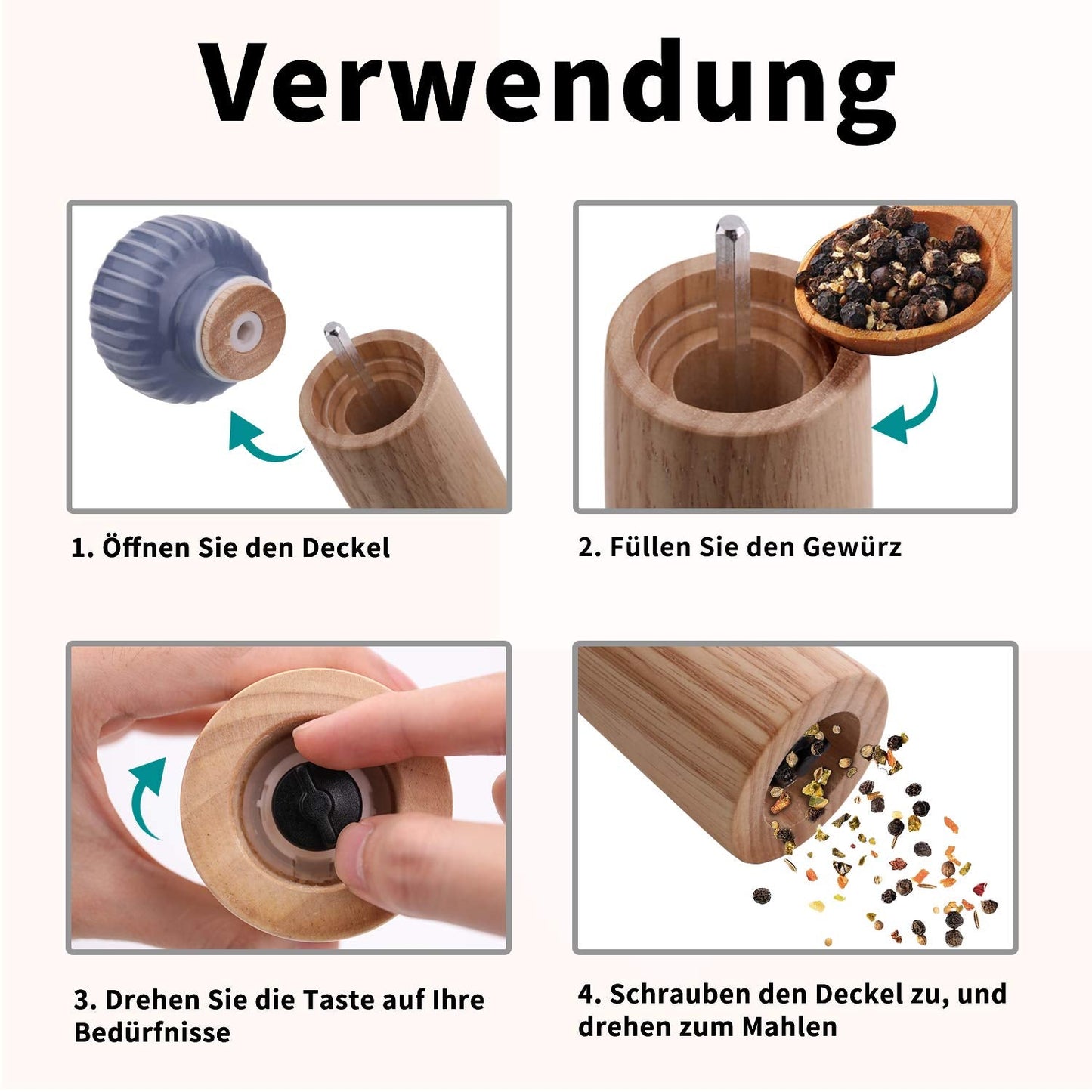 HAIPUSEN Salt and Pepper Mill Set - Wood and Ceramic Pepper Grinder Spice Mill with Adjustable Coarseness, 17.5 cm (with Tray)
