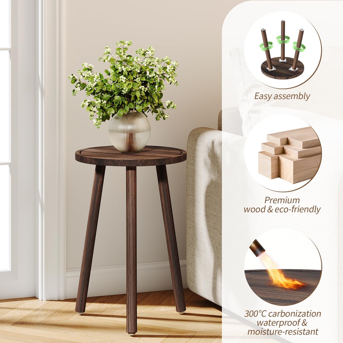 Uneedem Plant Stand Indoor - 3-Pack Taller Single Wood Plant Stand for 6-12 Inch Pots, Mid-Century Modern Plants Stool for Large Plants, Small Round Wooden Planter Table for Living Room, Balcony