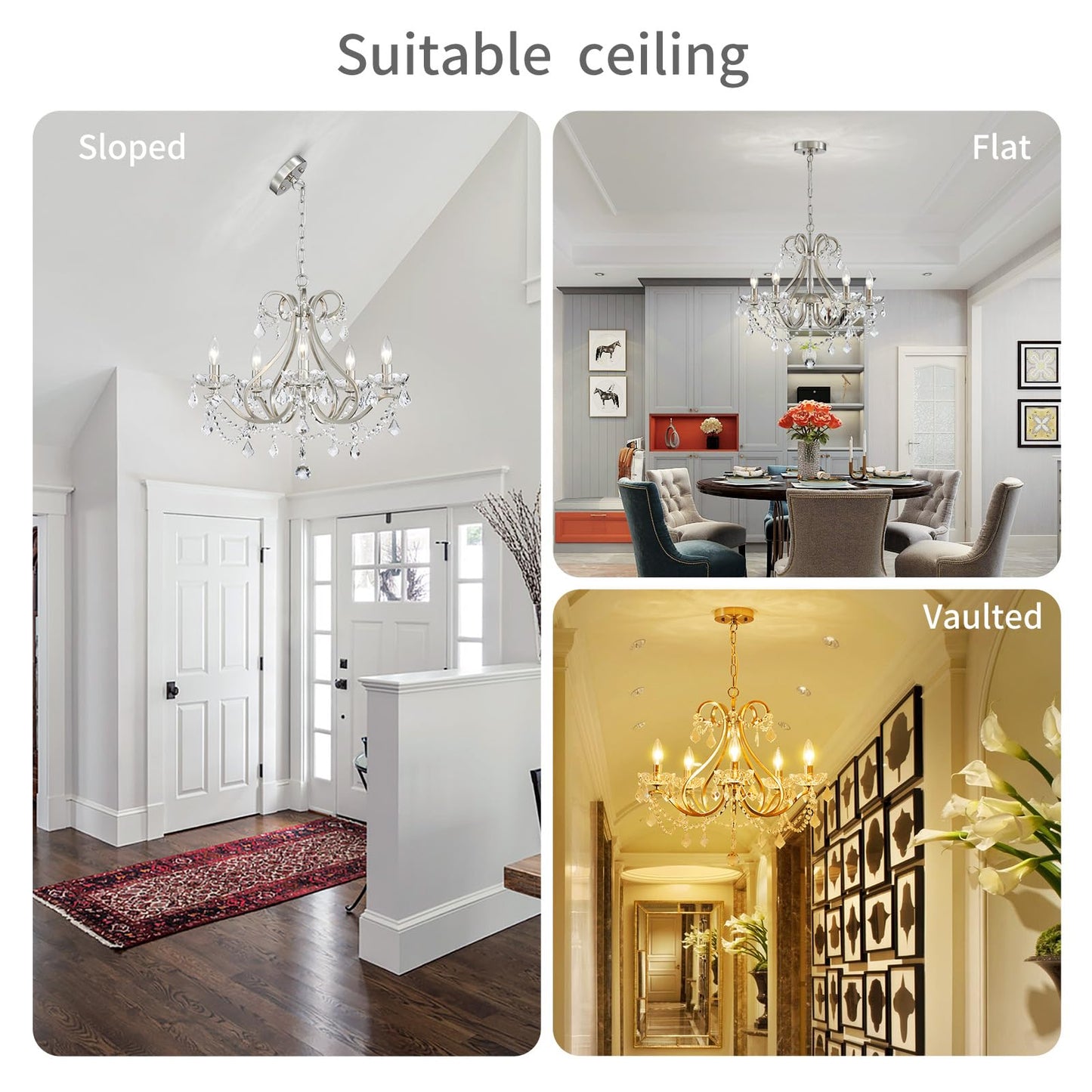 WUZUPS Crystal 5-Light Candle Chandelier Pendant Flushmount Ceiling Light Modern Lighting Fixture for Bedroom Hallway Bar Kitchen Bathroom, H 20.9" x W 21.7", Brushed Nickel, E12 Base
