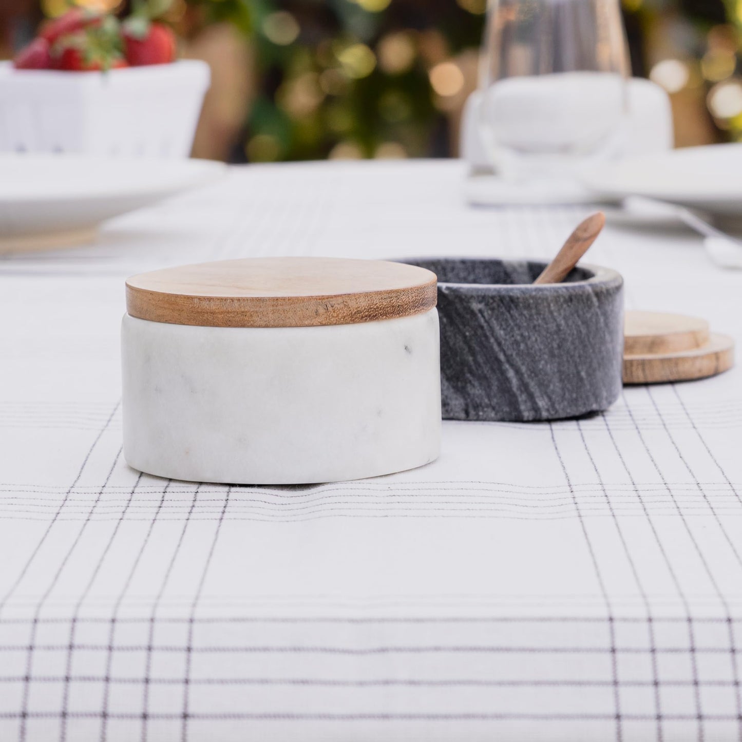 Cork & Mill Marble Salt and Pepper Bowls - Set of 2 Handcrafted White/Grey Solid Marble Salt and Pepper Cellars with Lids and Spoons - Elegant Containers for Countertop or Table