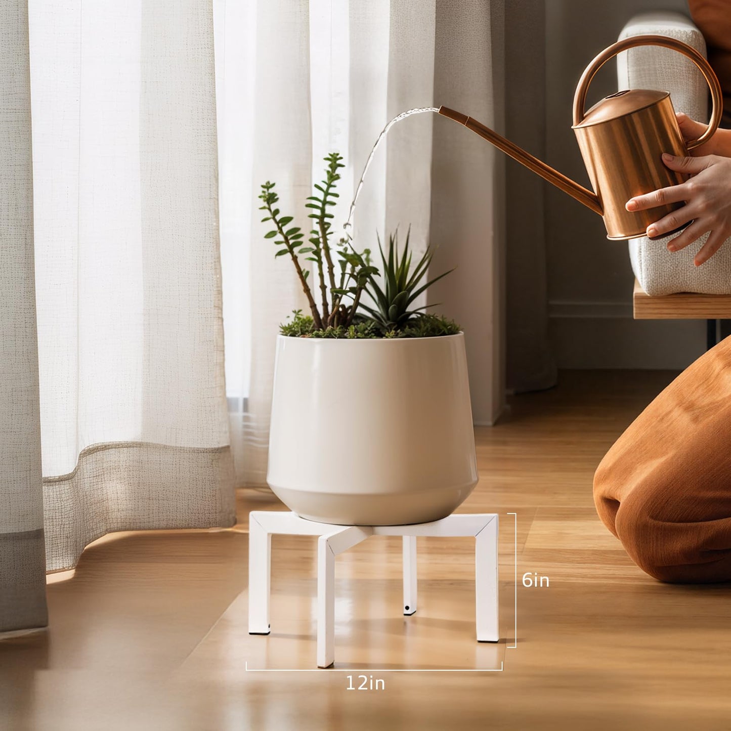 IZIDDO Plant Stand Indoor Outdoor,Metal Mid-Century Pot Stand,Modern Plant Holder Rattan Flower Plant Stool,Low Short Plant Stands for Indoor Fit 5-12 Inch Pot,White(Pot & Plant Not Included)