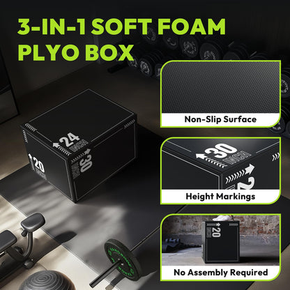 HANDBODE Plyometric Jump Box – 3-in-1 Plyo Box with Durable High-Density Foam Core and Non-Slip Surface for Squats, Box Jumps and Home Gym Workouts, 30”x24”x20”, White Stripes